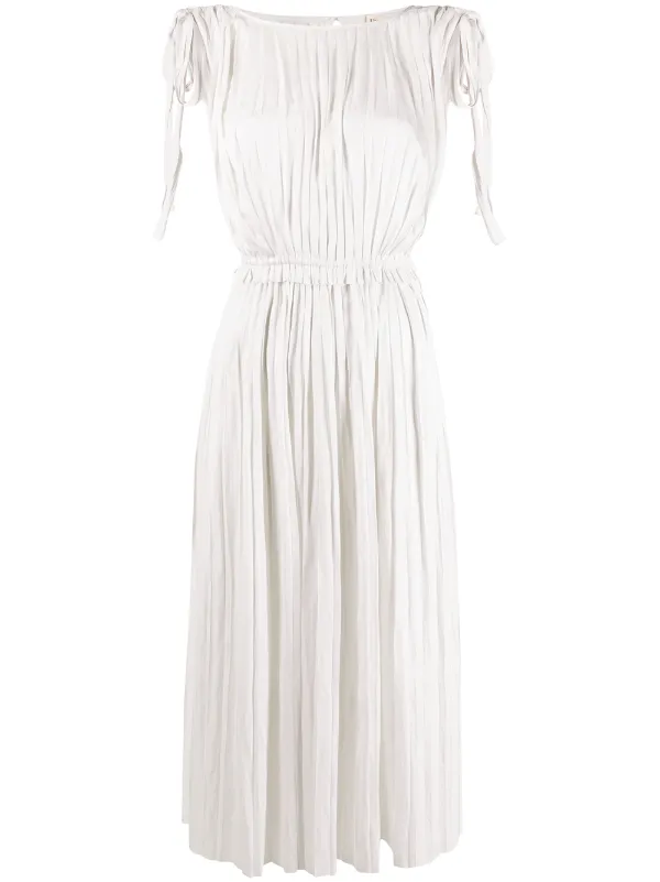 white pleated midi dress