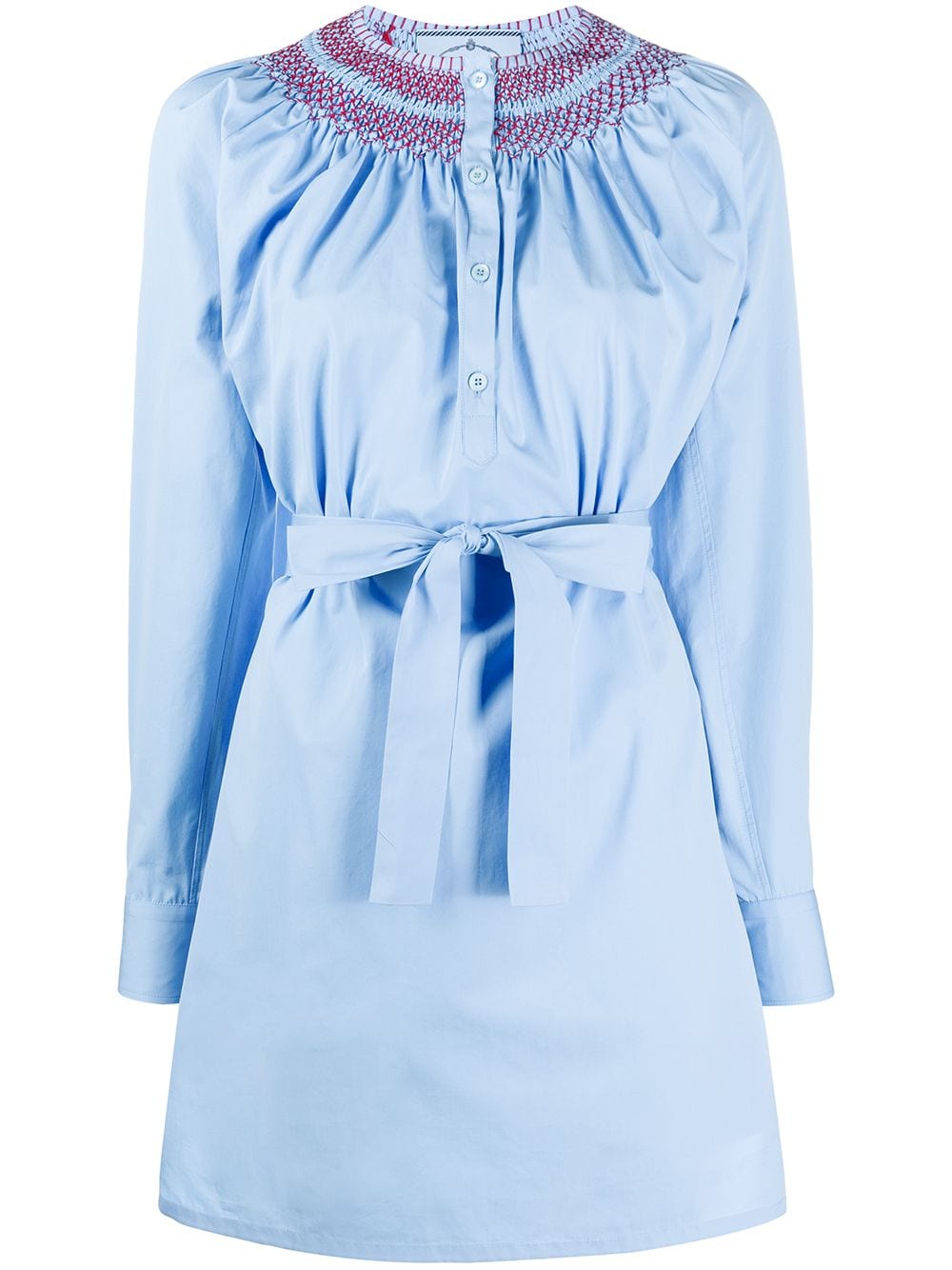 Prada Embroidered Tie Waist Shirt Dress In Blau