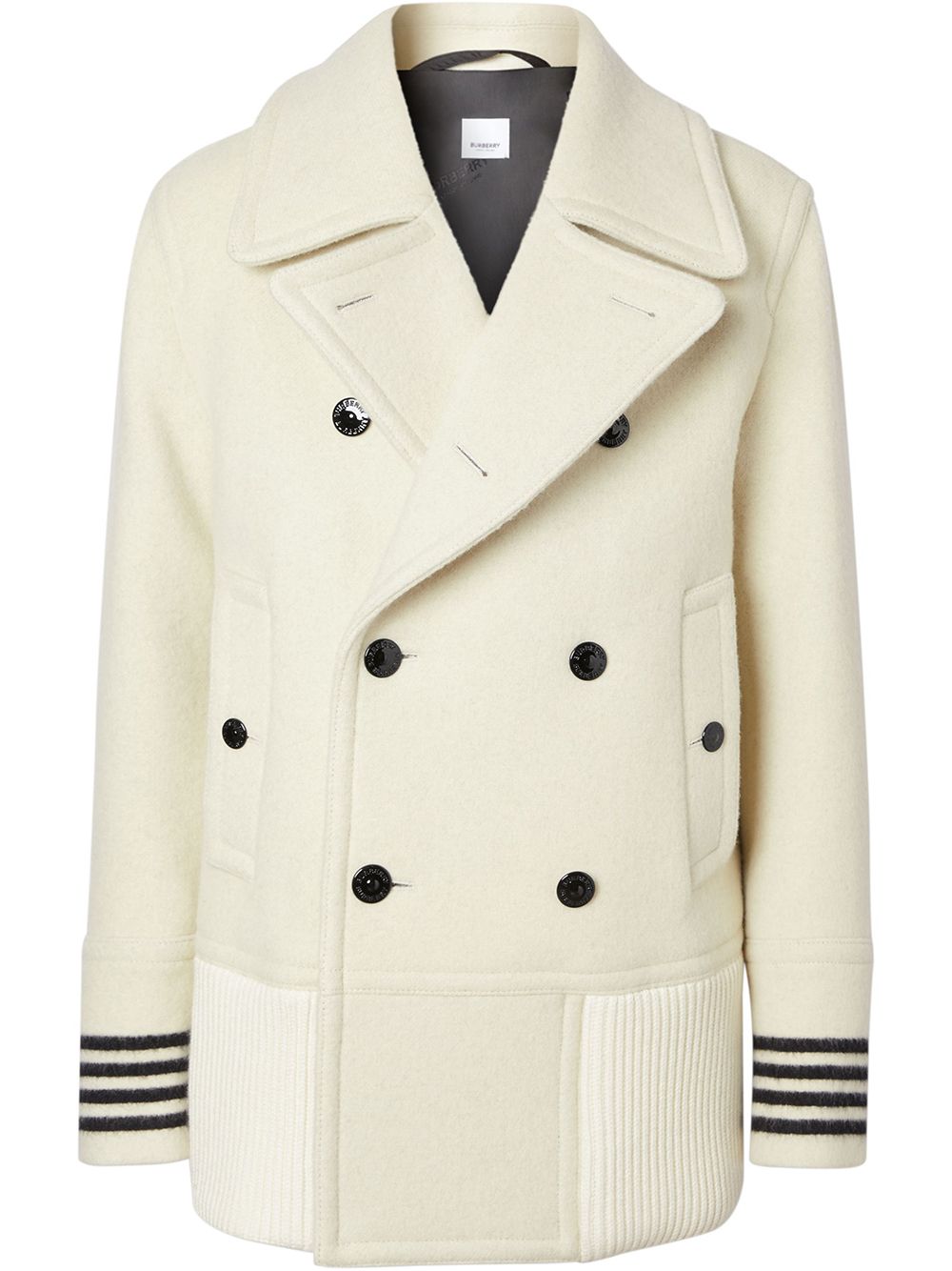 Burberry Striped Cuff Pea Coat In White