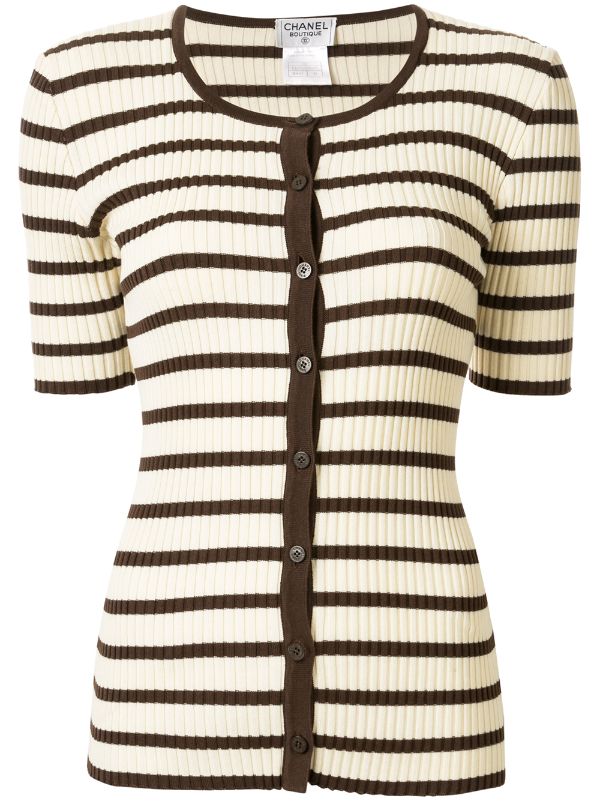 Chanel Pre-owned 1998 Striped Buttoned Knitted Top - White