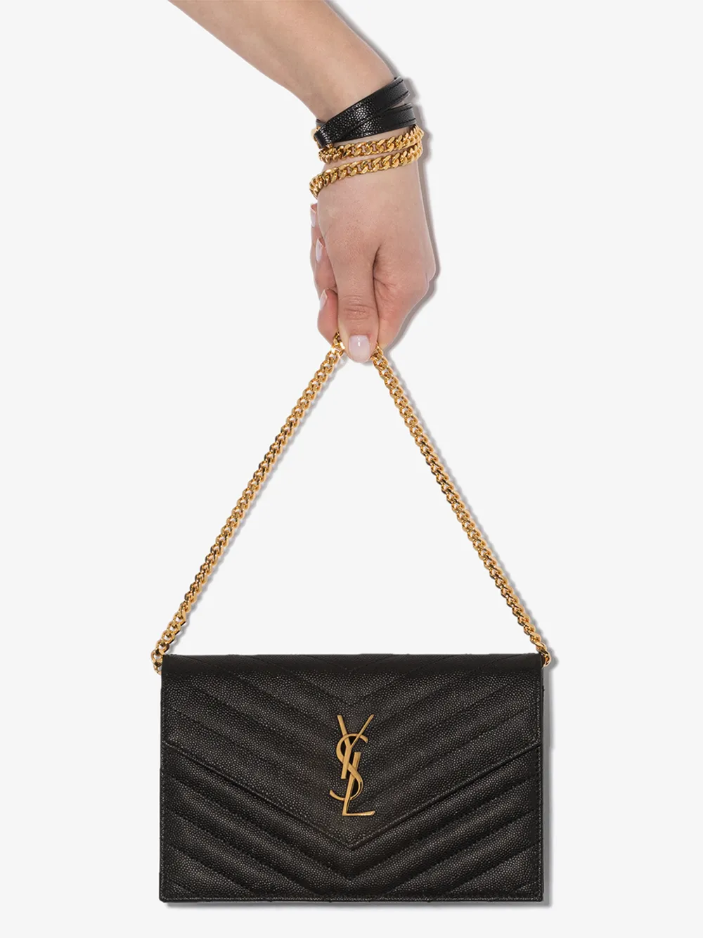 Saint Laurent Ysl Chevron-quilted Grained-leather Shoulder Bag In Black