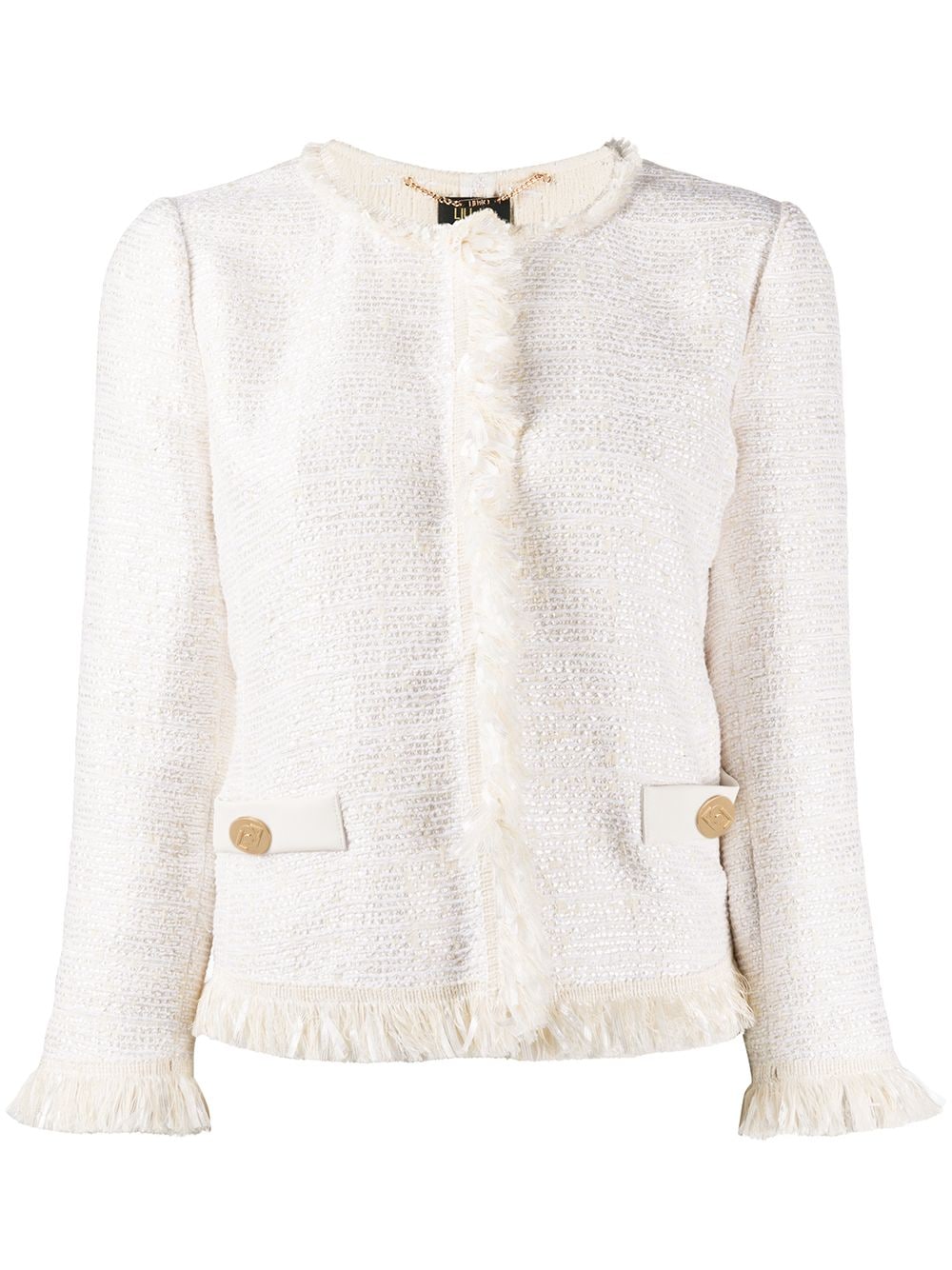 Liu •jo Fringed Trim Tweed Jacket In White