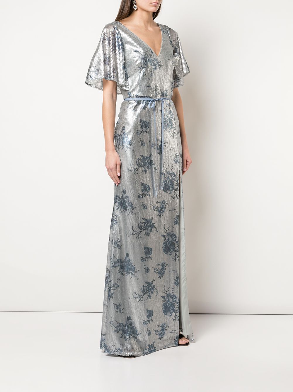 Shop Marchesa Notte Bridesmaid Floral-printed Sequin Gown In Blue