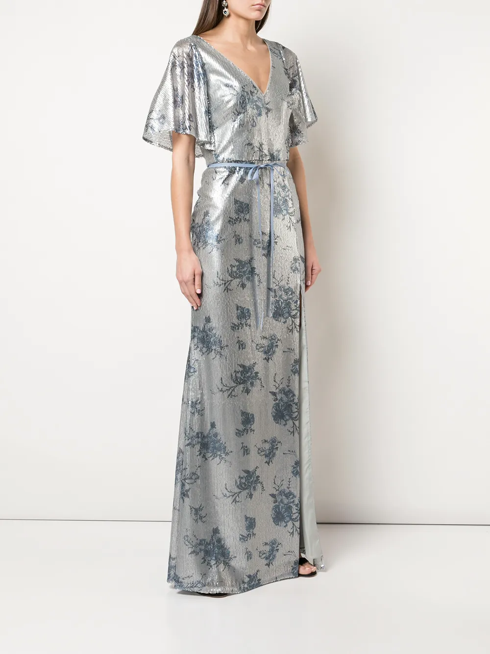 Shop Marchesa Notte Bridesmaid Floral-printed Sequin Gown In Blue