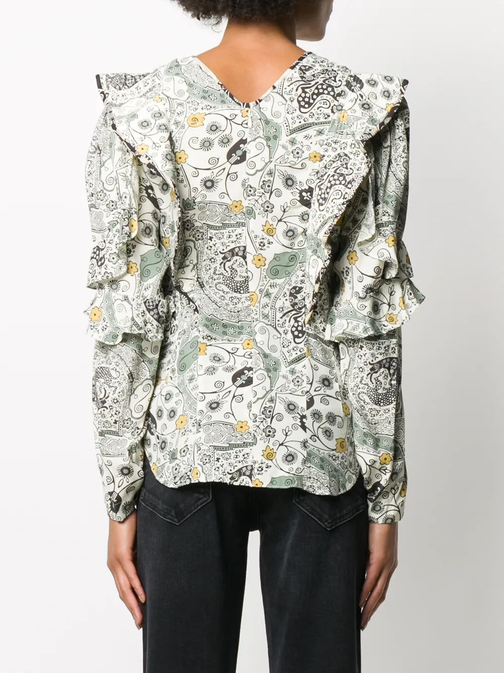 Isabel Marant Étoile Floral Print Ruffle Trim Blouse In Neutrals