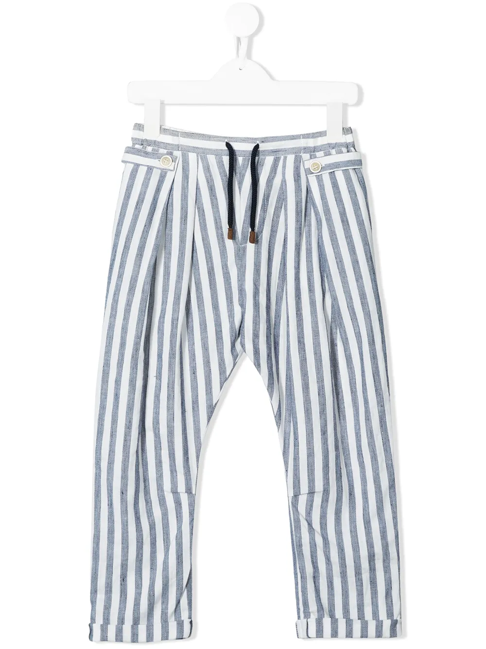 blue and white striped trousers