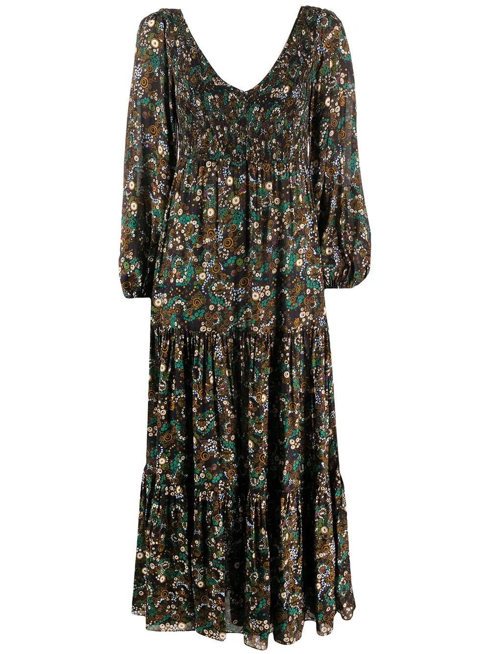 Shop Rixo London Lottie Klimt Wave-print Tiered Dress In Black