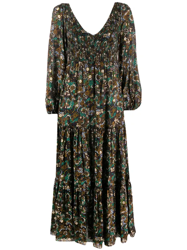 Rixo Lottie Klimt Wave-print Tiered Dress in Black