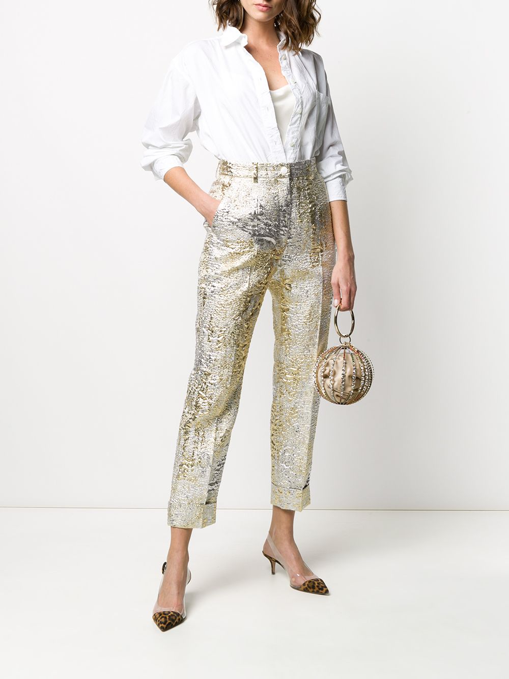 Shop Dolce & Gabbana Jacquard-knit Cropped Trousers In Gold
