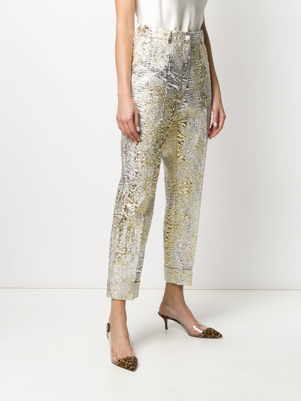 Shop Dolce & Gabbana Jacquard-knit Cropped Trousers In Gold