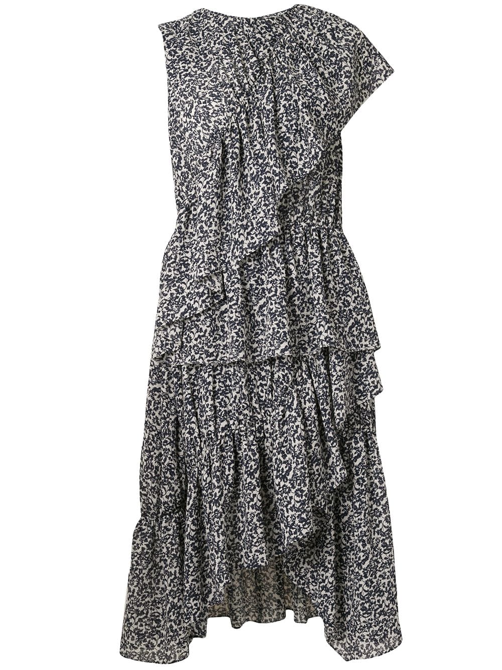 Shop Goen J Floral Print Asymmetric Ruffled Dress In Blue