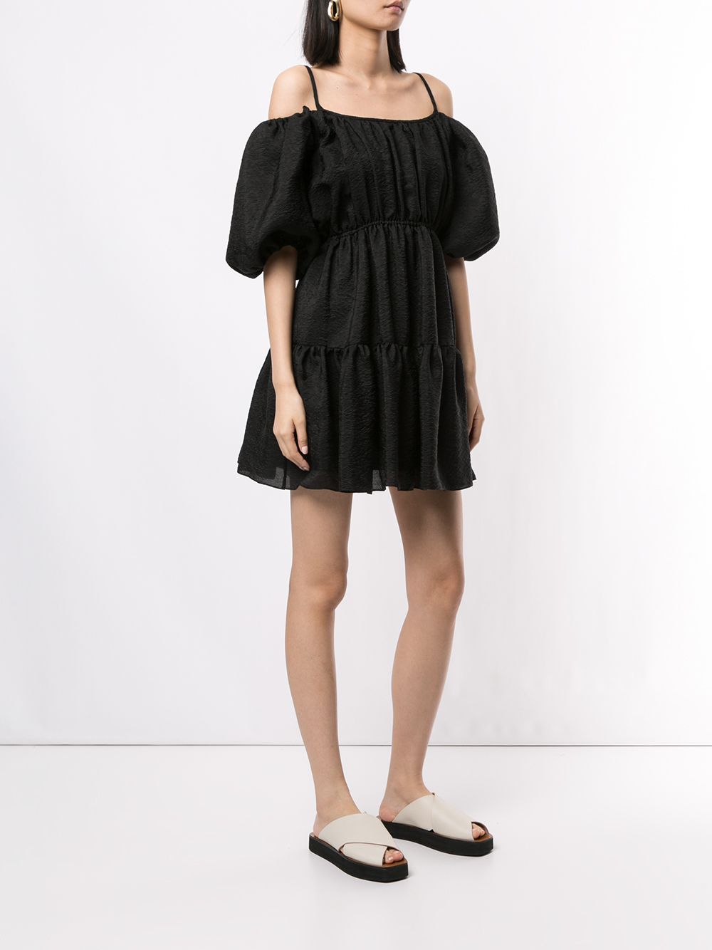 Shop Goen J Balloon-sleeved Tiered Mini Dress In Black