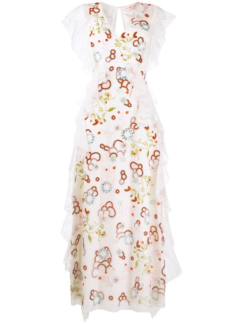 Tory Burch V-neck Floral Embroidered Silk Dress In Neutrals