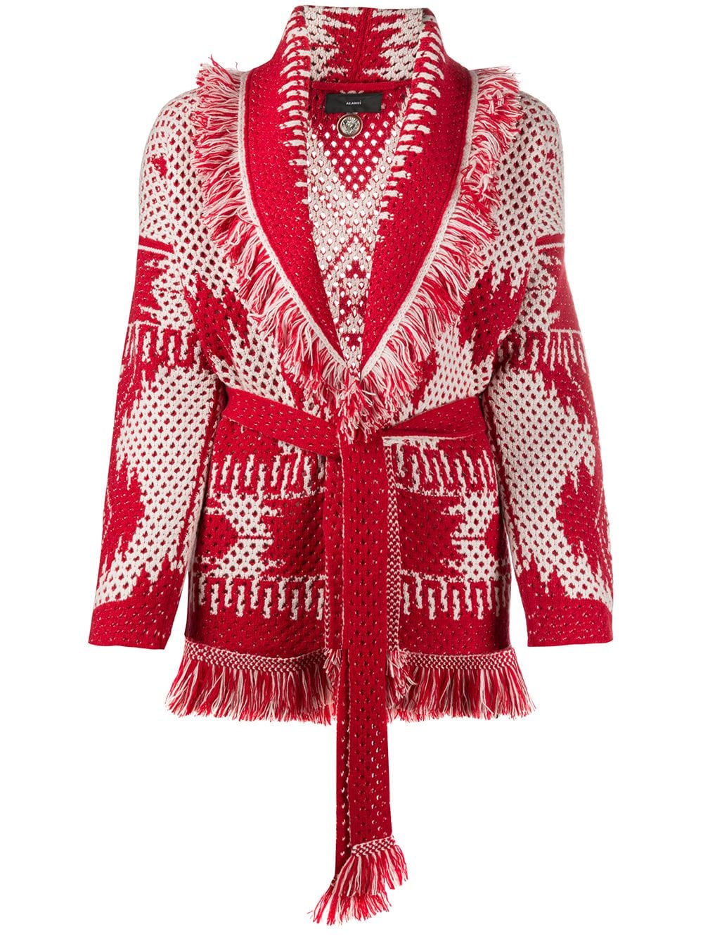 Alanui Patterned Intarsia Belted Cardigan In Red
