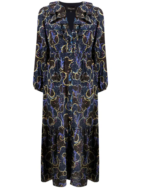 Saloni Mixed Print Flared Dress in Blue