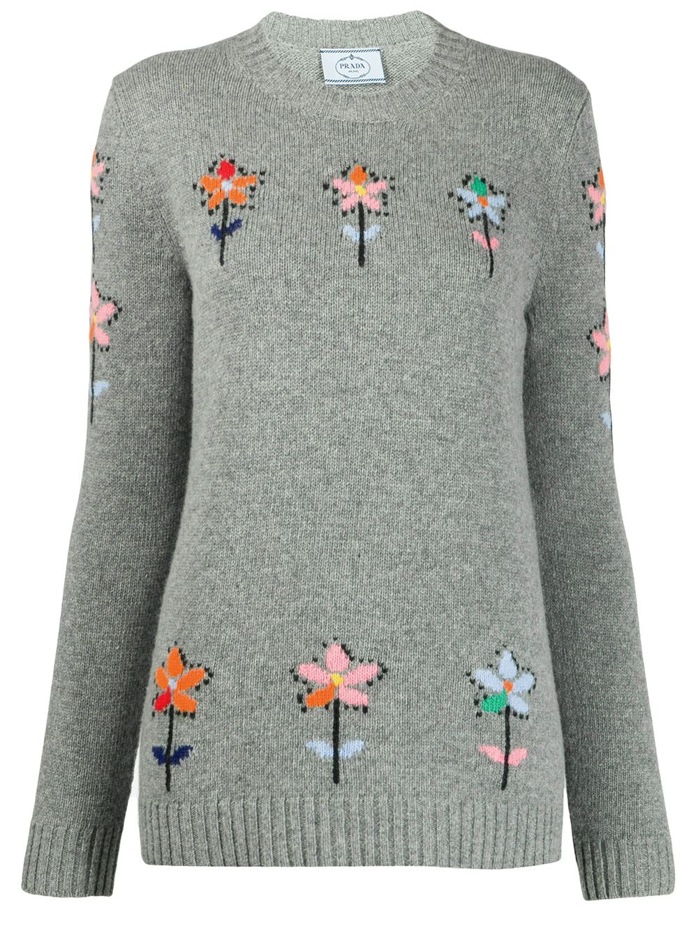 Shop Prada Intarsien-pullover Mit Blumenmuster In Grey