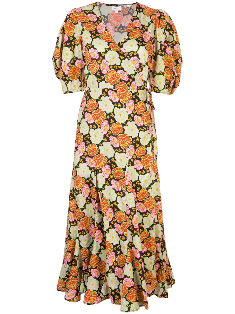 Rhode Fiona Neon Floral Puff Sleeve Wrap Dress In Multicoloured - Main Image