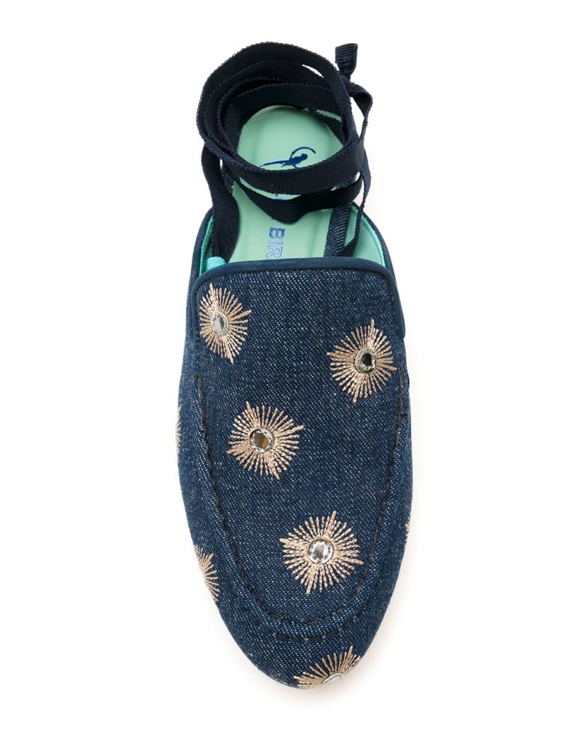 Shop Blue Bird Shoes Mirror Embellished Denim Slippers In Blue