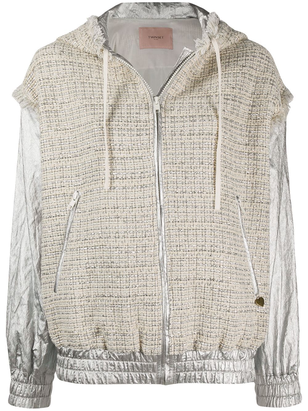 Shop Twinset Tweed Panel Bomber Jacket In Neutrals