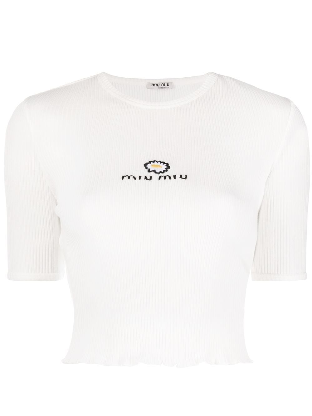 Miu Miu Embroidered Rib-knit T-shirt In F0009 - White | ModeSens