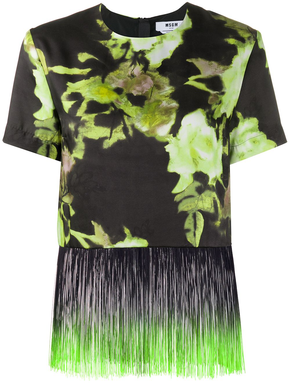 Shop Msgm Floral Print Fringe Trim T-shirt In Green