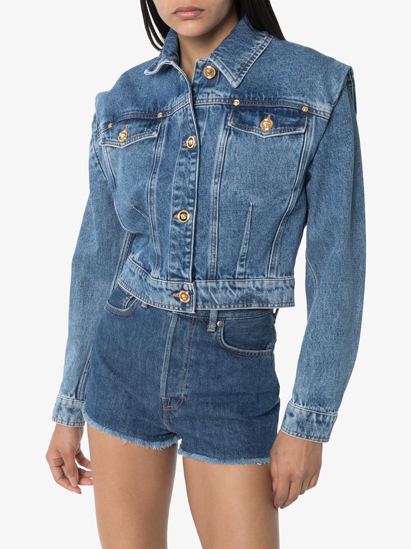 Shop Versace Cropped Denim Jacket In Blue