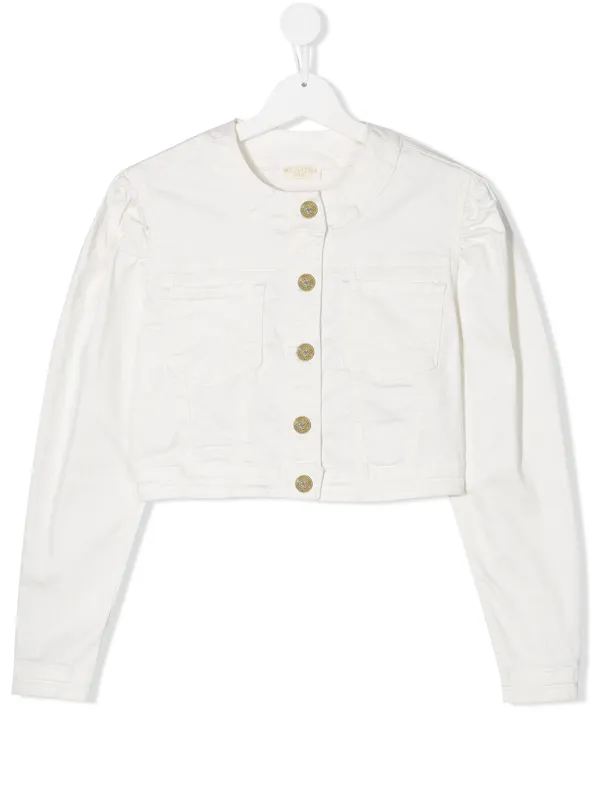 collarless white jean jacket
