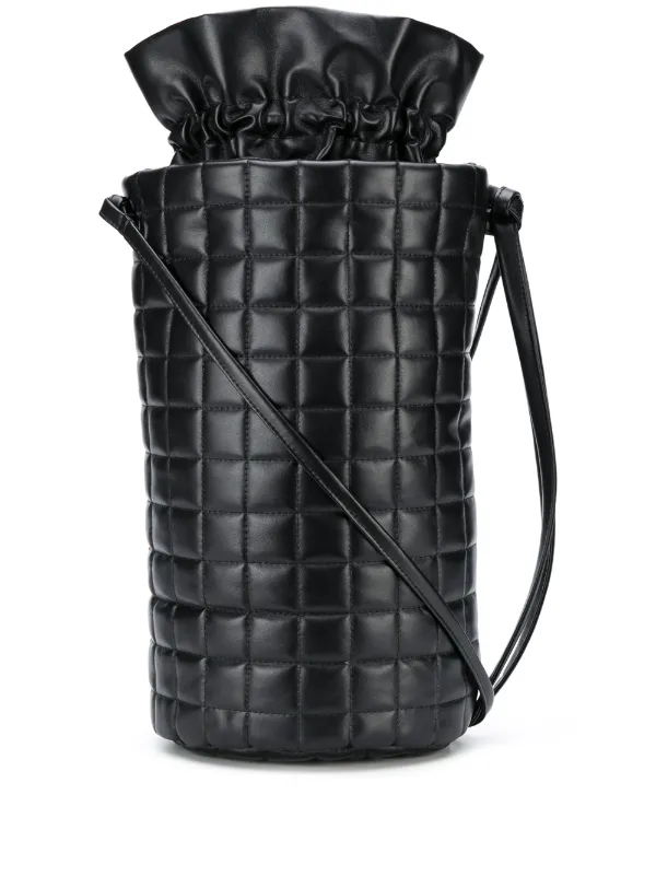 black leather drawstring bucket bag