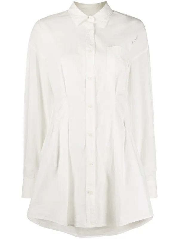 white cinched waist shirt dress
