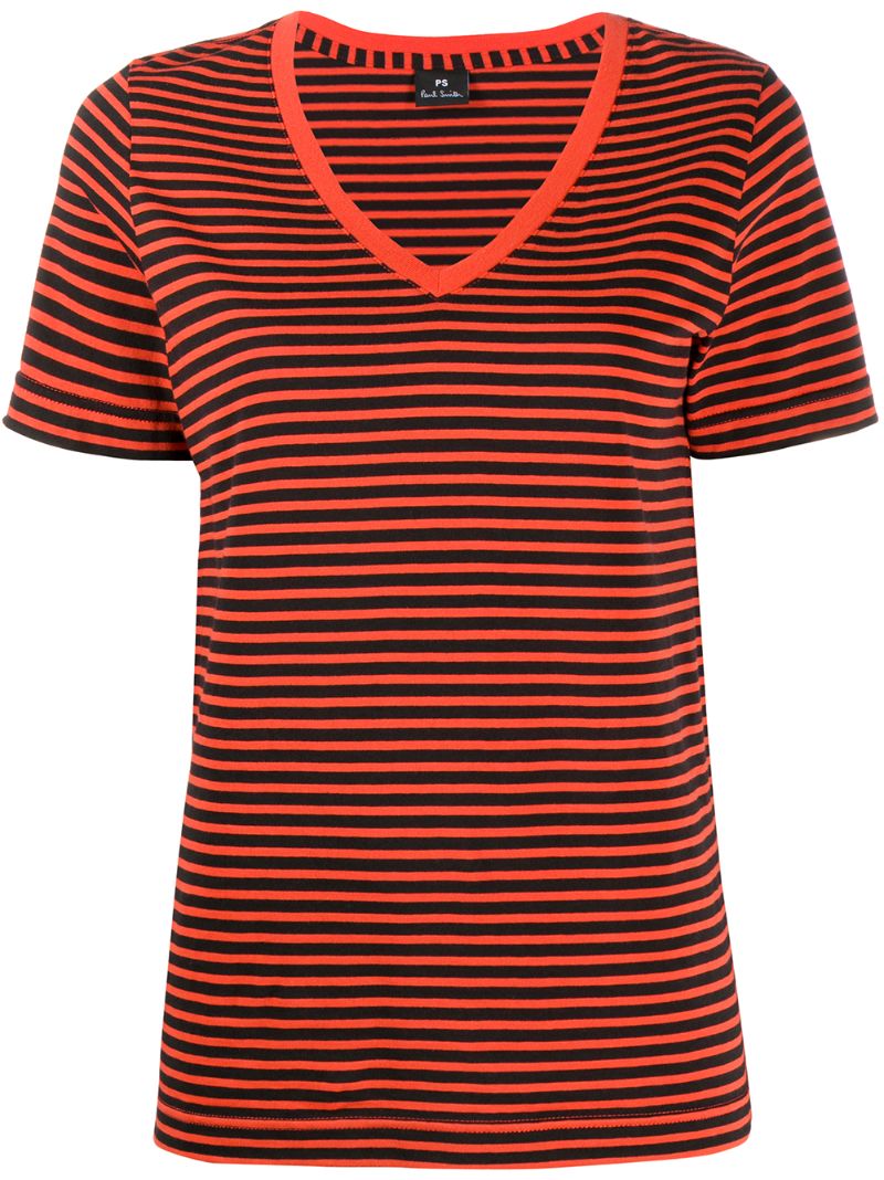 Ps By Paul Smith Striped V-neck T-shirt In Orange