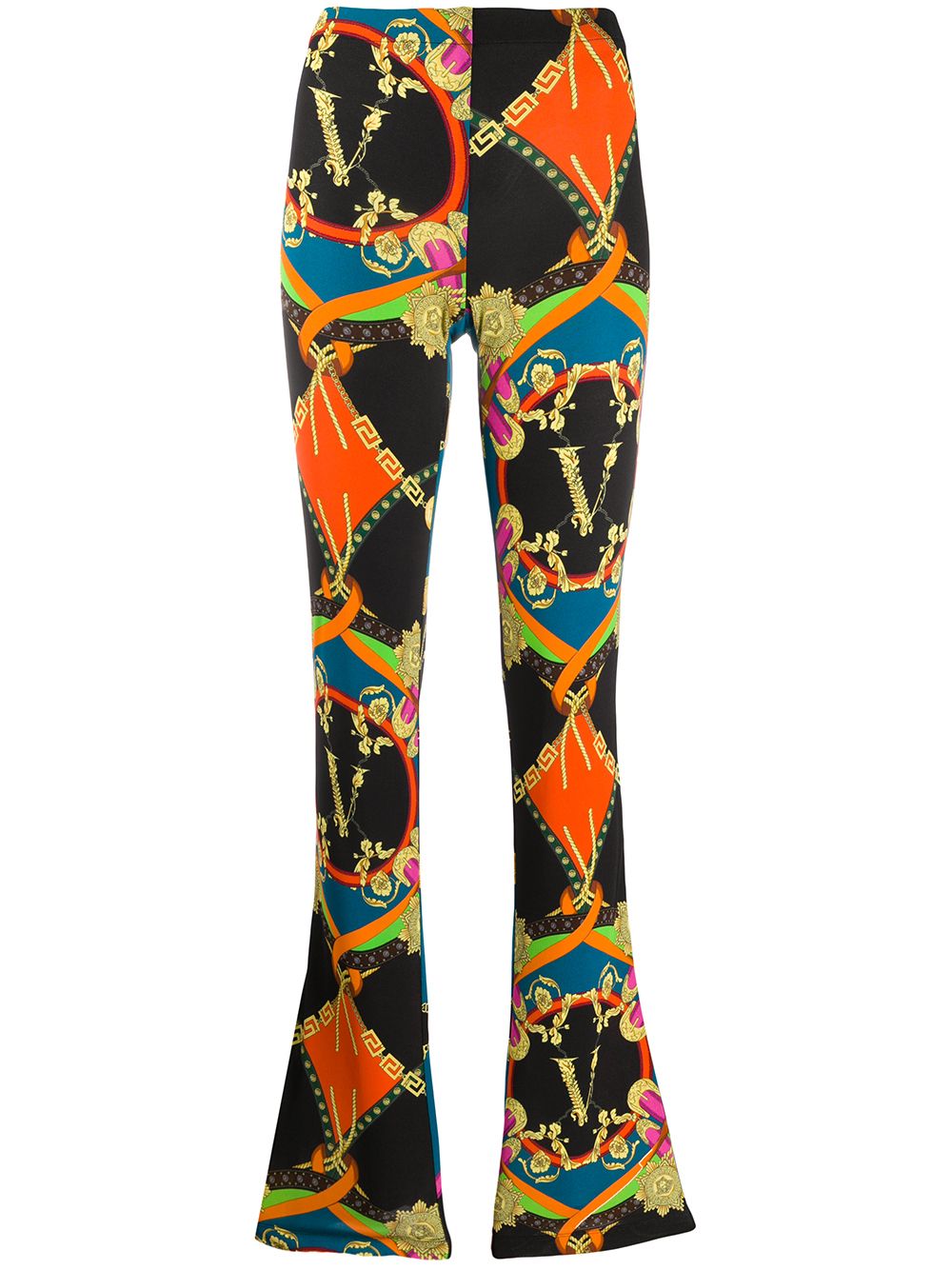 Shop Versace Graphic Print Flared Trousers In Black