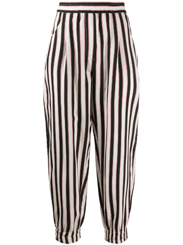 white and black striped trousers