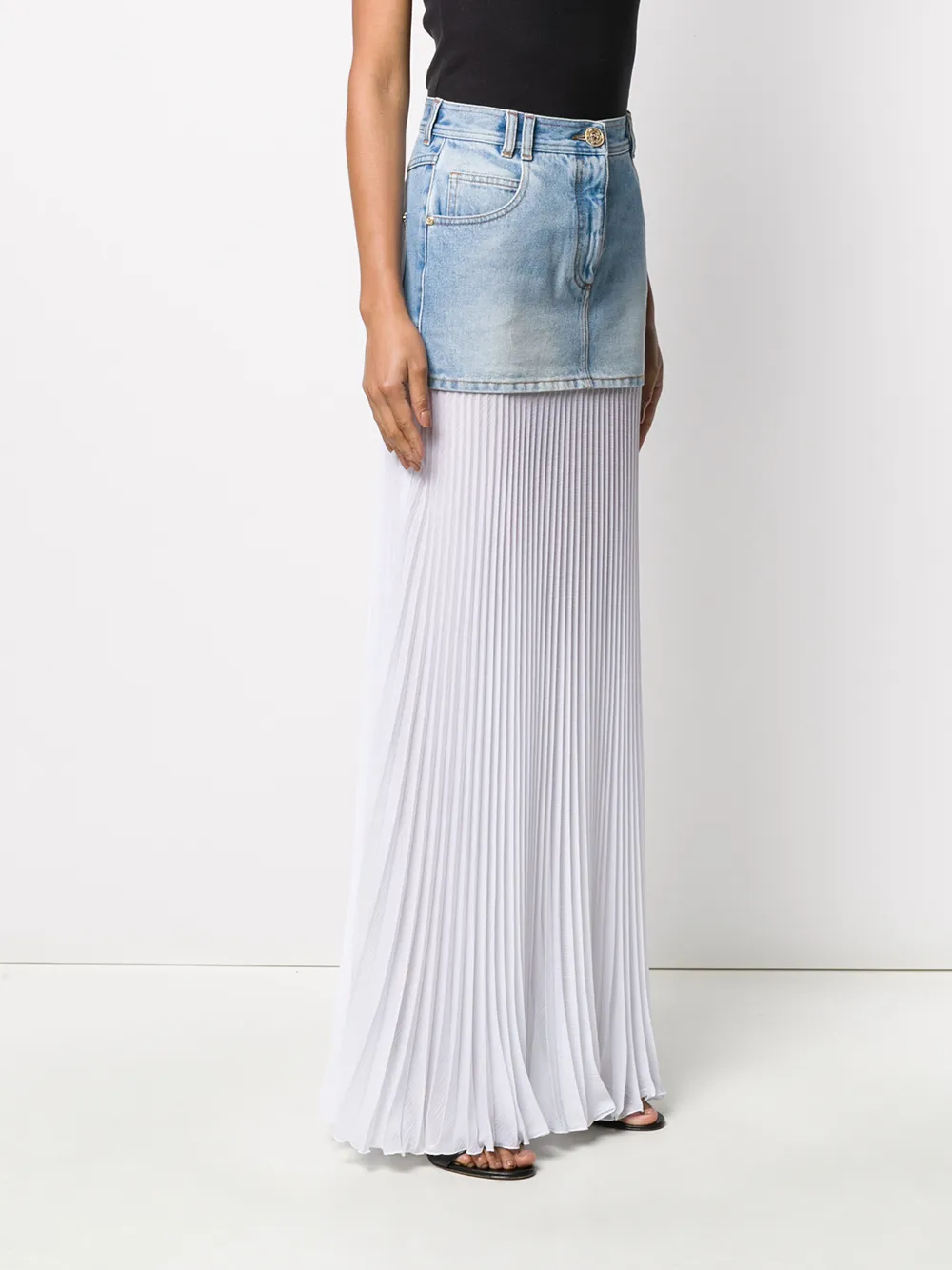 Balmain bi-material Pleated Denim Skirt - Farfetch