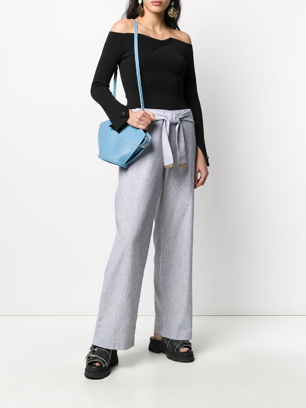 frill trim bow tie waist striped pants