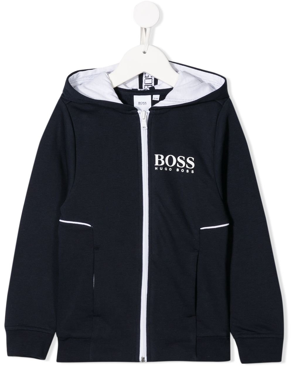 Shop Hugo Boss Logo Print Zipped Hoodie In Blue