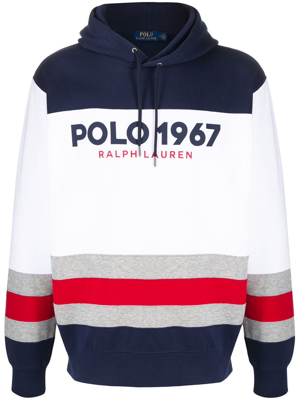 Shop Polo Ralph Lauren Striped Logo Cotton Blend Hoodie In Blue