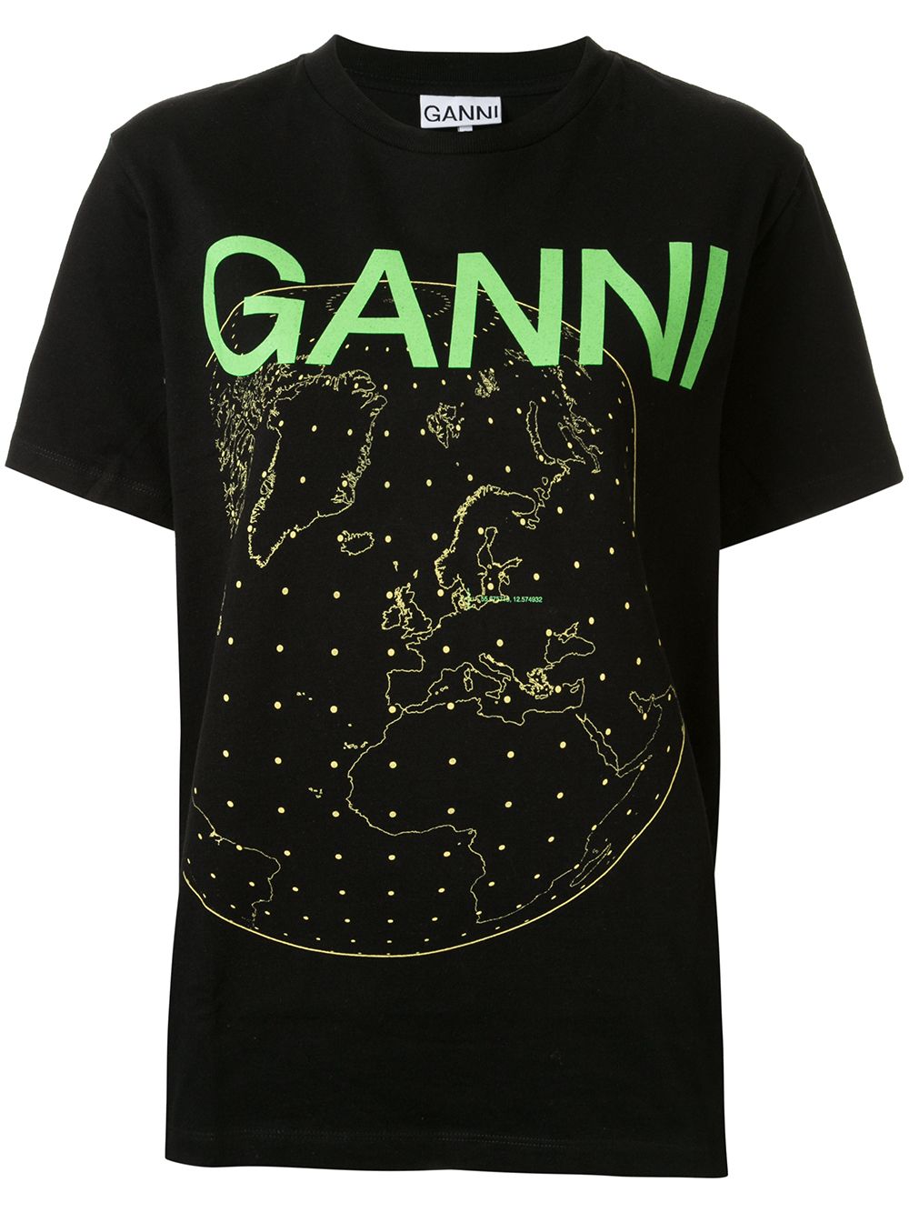 Ganni Globe Print Logo T-shirt In Schwarz