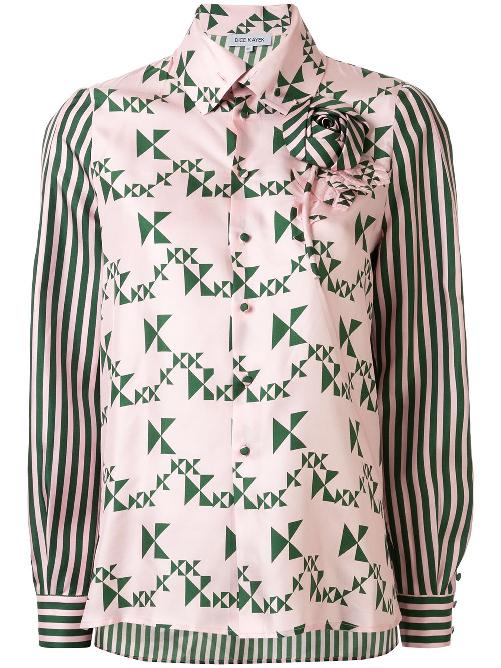 Dice Kayek Monogram Striped Silk Shirt Green Pink Geometric Flower Collar  Blouse