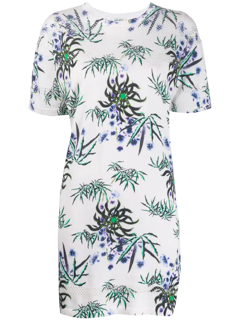 Kenzo Floral-print Eyelet-knit T-shirt Dress In White