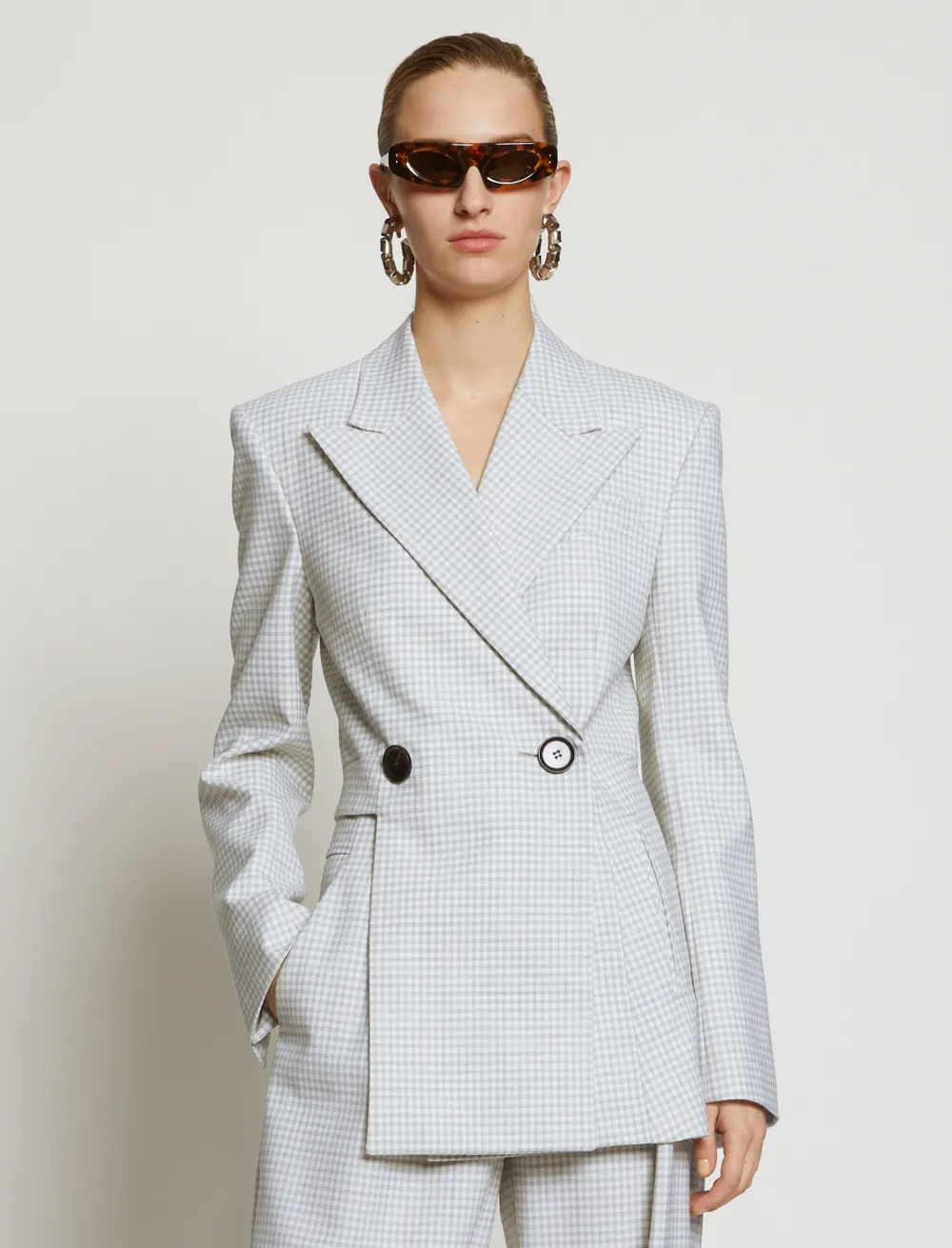 Image of Proenza Schouler Check Suiting Asymmetrical Blazer off white/grey check