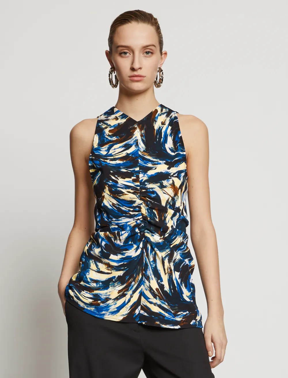 Image of Proenza Schouler Feather Print Cinched Waist Top blue/black/butter feather/white
