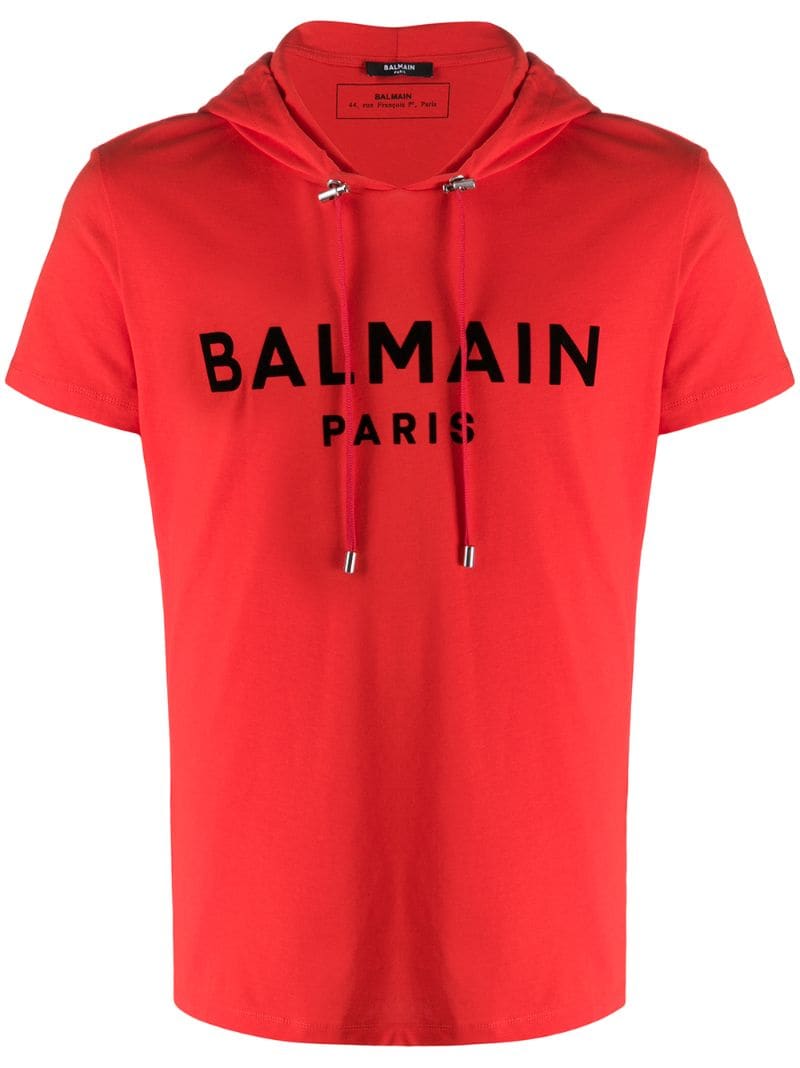 Balmain Logo Printed Hooded T-shirt In Red