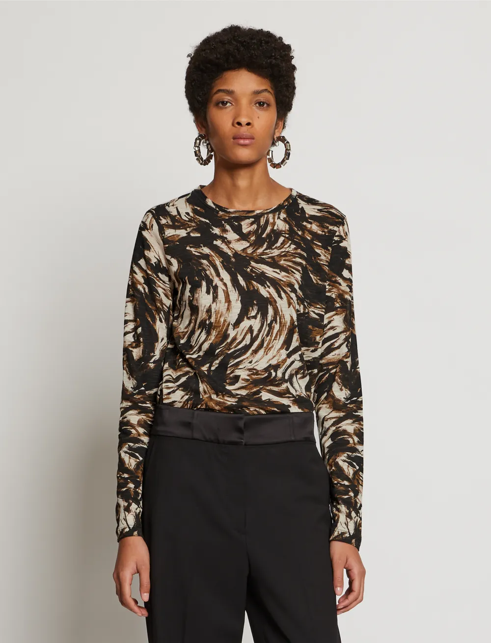 Image of Proenza Schouler Feather Print Long Sleeve T-Shirt fatigue/black/tan feather/white XS