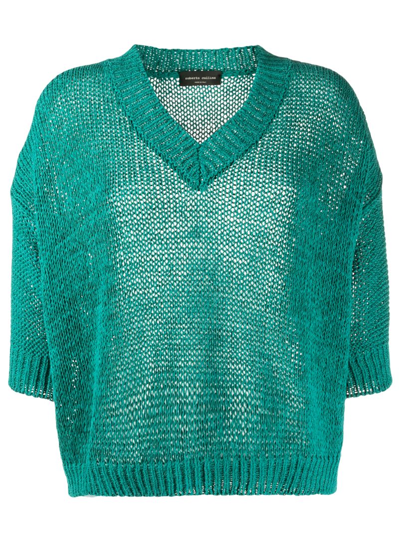 Roberto Collina Oversized V-neck Crochet Jumper In Blue