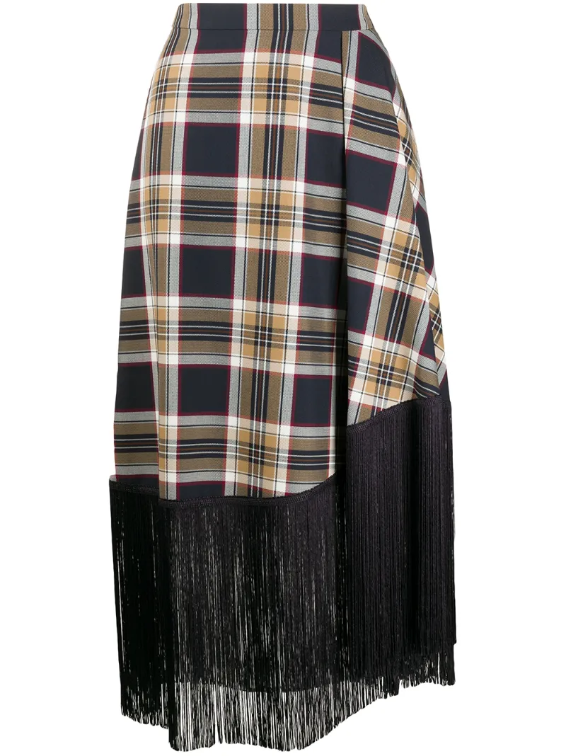 Rokh Fringed Checked Twill Midi Skirt In Blue