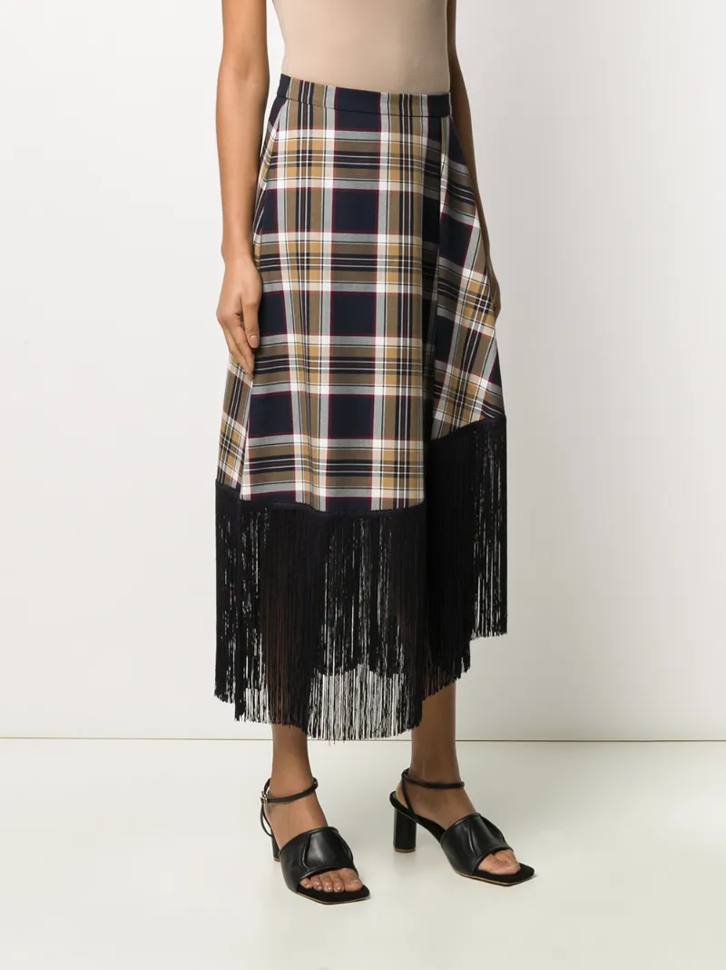 Rokh Fringed Checked Twill Midi Skirt In Blue
