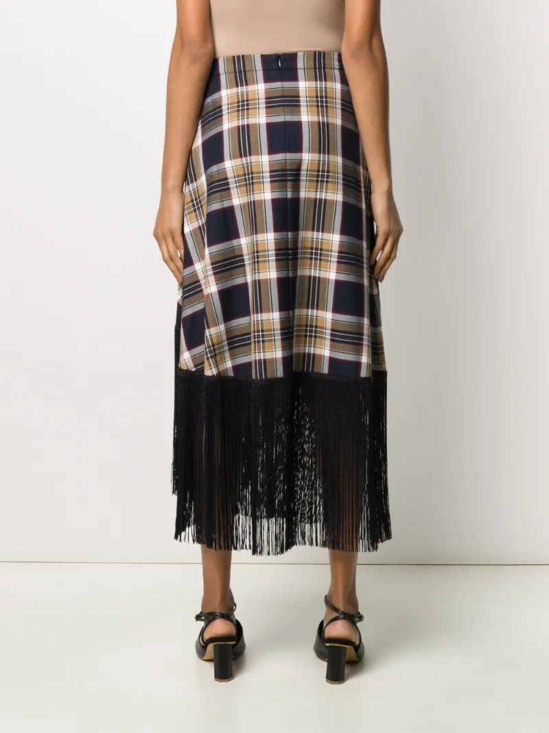 Rokh Fringed Checked Twill Midi Skirt In Blue