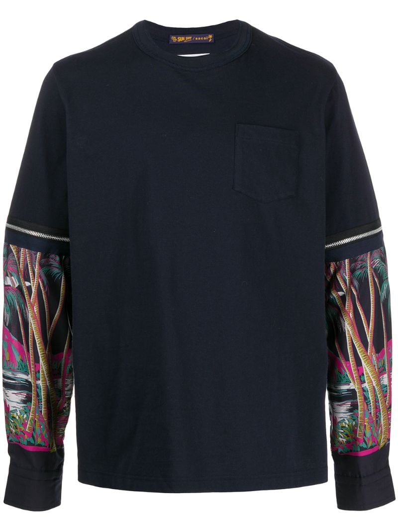 Sacai Tropical Print Sleeves Sweatshirt In Blue