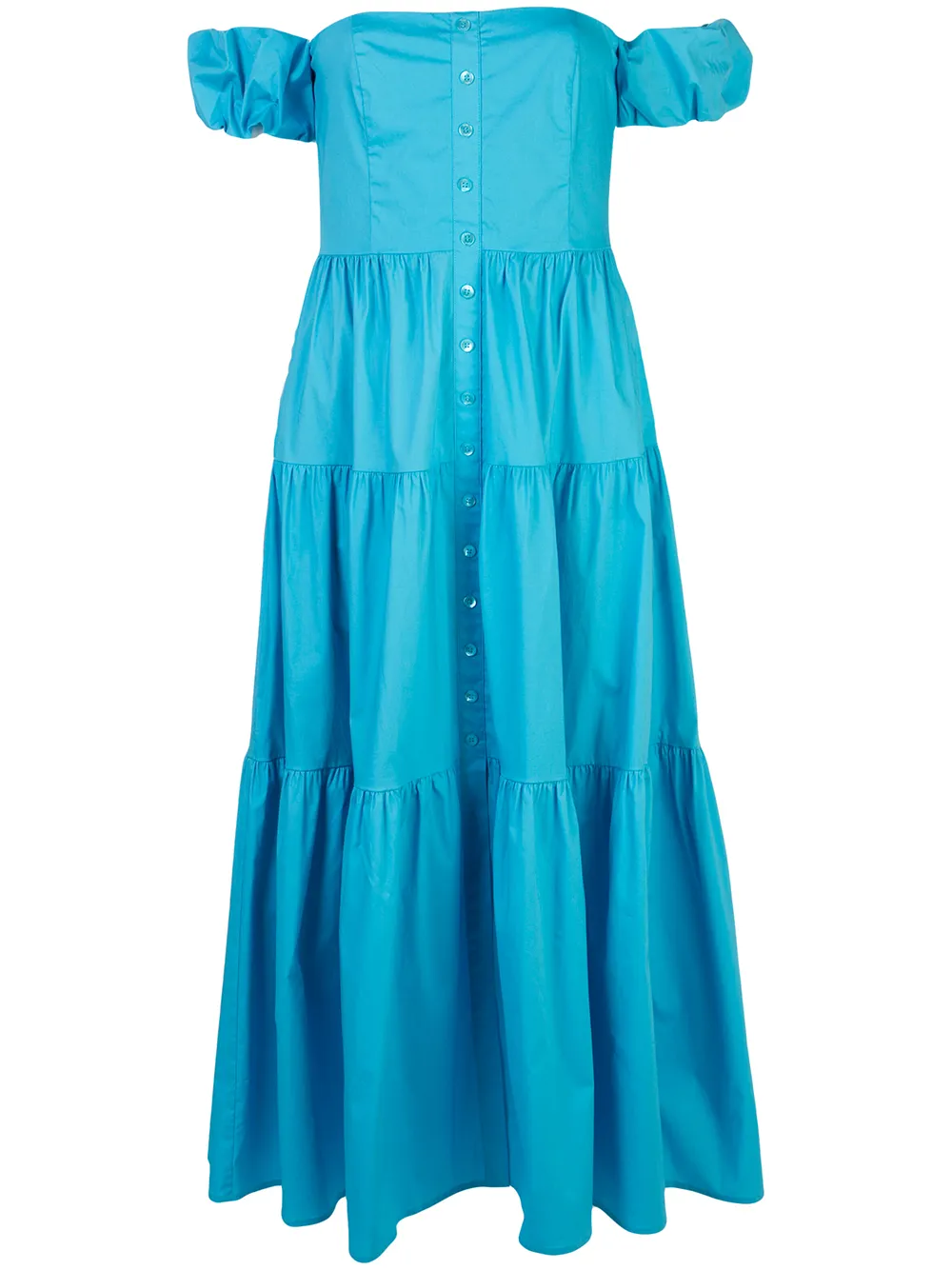 Staud Elio Off-the-shoulder Tiered Stretch-cotton Poplin Midi Dress In Blue