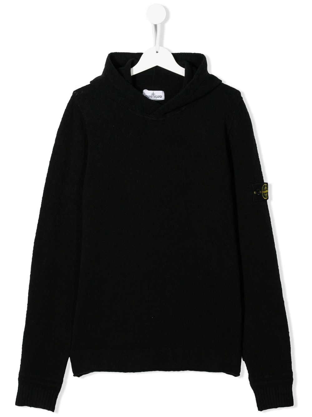 Stone Island Junior Kids' Arm Logo Textured Cotton Blend Hoodie In 黑色